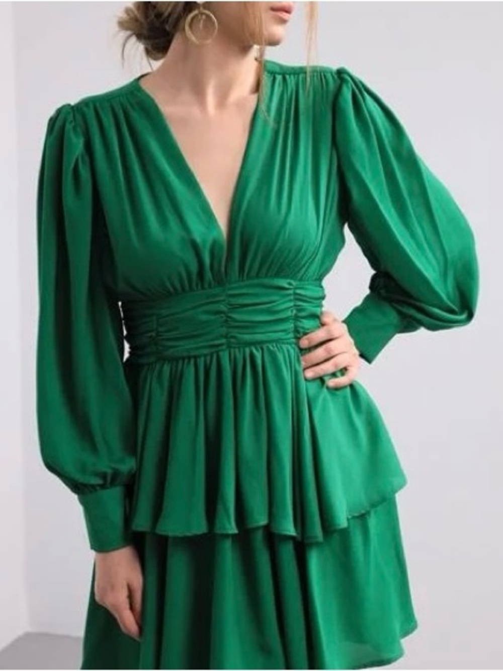 WAYF Emerald Green Long-Sleeve Tiered Ruffle Dress Size XS NWT